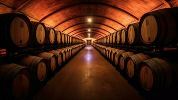 Wine barrels in wine vaults. Generative Ai photo