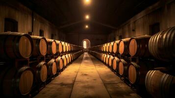 Wine barrels in wine vaults. Generative Ai photo