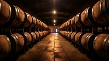 Wine barrels in wine vaults. Generative Ai photo