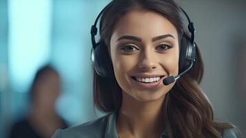 A smiling telemarketing young woman working in call center office. Female operator giving advice to customer. Generative Ai photo
