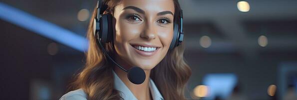 A smiling telemarketing young woman working in call center office. Female operator giving advice to customer. Generative Ai photo