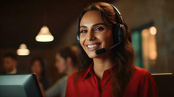 Call center women smiled working and providing service with courtesy and attention front of laptop, Female operator giving advice to customer. Generative Ai photo