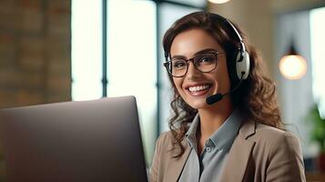 Call center women smiled working and providing service with courtesy and attention front of laptop, Female operator giving advice to customer. Generative Ai photo