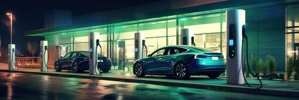 EV charging station for electric car, Fast charging station, Green energy power. Automotive innovation and technology concepts. Generative Ai photo
