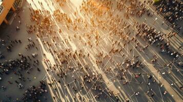 Aerial view of crowd people connected by lines, social media and communication concept. Community. Generative Ai photo
