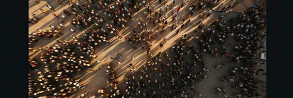 Aerial view of crowd people connected by lines, social media and communication concept. Community. Generative Ai photo