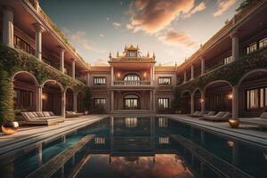 un lujo hotel con un nadando piscina en el noche. generativo ai foto