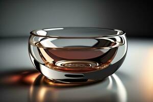 Empty glossy transparent ashtray on a dark background. ai generative photo