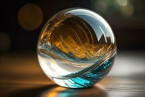 Transparent crystal ball on a wooden table. ai generative photo