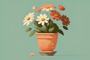 Flowerpot with daisies. Vector illustration in retro style. ai generative photo