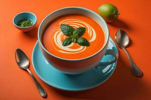 Vegetable soup in a bowl on wooden background. ai generative photo