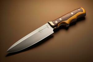 Knife with wooden handle on a solid color background. ai generative photo