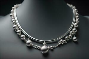 Silver necklace on a solid color background in close-up. ai generative photo