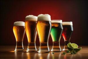 Glasses of different beer on a solid color background. ai generative photo