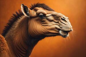 Camel head on solid color background, close up. Vintage style. ai generative photo