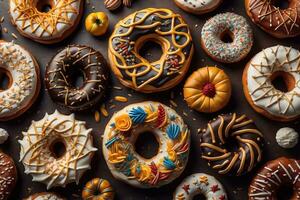 Variety of donuts on a solid color background. Top view. ai generative photo