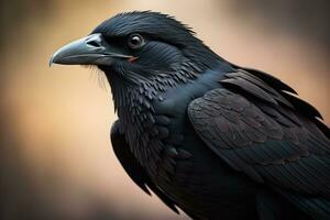 Close up portrait of a black raven, Corvus corax. ai generative photo