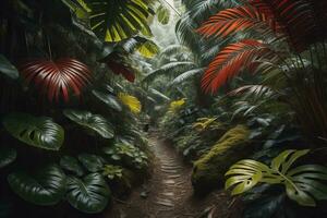 A pathway in tropical rainforest with palm trees and path in the mist. ai generative photo