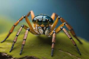 jumping spider closeup on solid color background, copyspace. ai generative photo