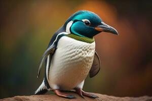 Cute penguin standing in front of solid color background. ai generative photo