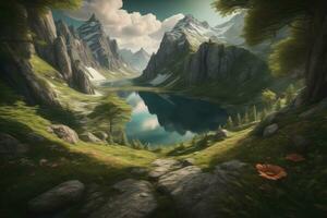 Beautiful fantasy landscape with a river in the mountains. ai generative photo