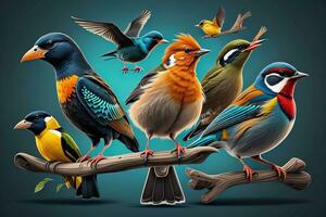 Vector illustration of a group of colorful birds sitting on a branch. ai generative photo