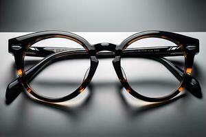 Stylish glasses on wooden table. Fashionable eyeglasses. ai generative photo