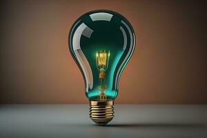 Glowing glass light bulb on dark background. ai generative photo
