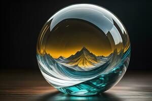 Transparent crystal ball on a wooden table. ai generative photo