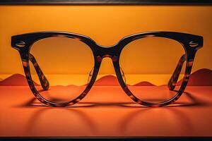 Stylish glasses on wooden table. Fashionable eyeglasses. ai generative photo