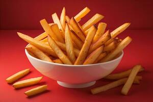 French fries in a bowl on red background. Selective focus. ai generative photo