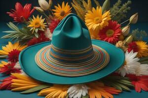 de moda sombrero en un sólido color antecedentes. ai generativo foto