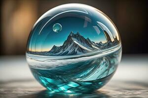 Transparent crystal ball on a wooden table. ai generative photo