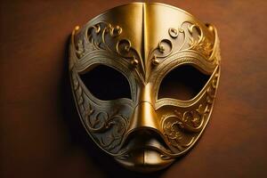 Venetian carnival mask with golden ornament on a solid color background. ai generative photo