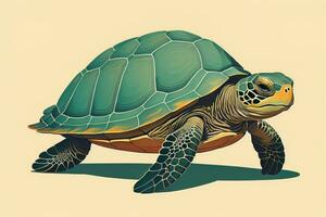 ilustración de un Tortuga en un verde antecedentes en dibujos animados estilo. ai generativo foto