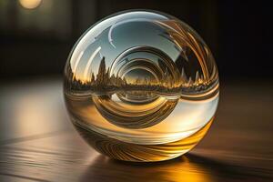 Transparent crystal ball on a wooden table. ai generative photo