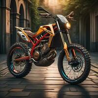 Modern powerful sports motorcycle on a colorful background. ai generative photo