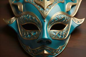 Venetian carnival mask with golden ornament on a solid color background. ai generative photo