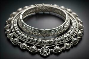 Silver necklace on a solid color background in close-up. ai generative photo