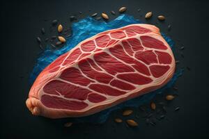 Raw beef sirloin steak with ingredients for cooking on wooden background. ai generative photo