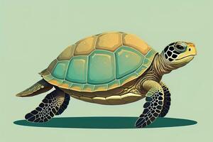 ilustración de un Tortuga en un verde antecedentes en dibujos animados estilo. ai generativo foto