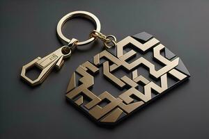 Creative Keychain on a wooden background, close-up. ai generative photo