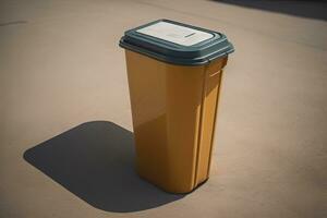 Garbage can on a colorful wall background, vintage color tone style. ai generative photo