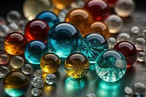 Colorful glass marbles on a the table. Selective focus. ai generative photo