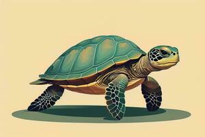 ilustración de un Tortuga en un verde antecedentes en dibujos animados estilo. ai generativo foto