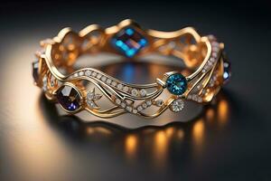 Wedding ring with diamonds on a solid color background. Jewelry. ai generative photo