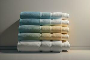 Towels on a wooden table in a bathroom. ai generative photo