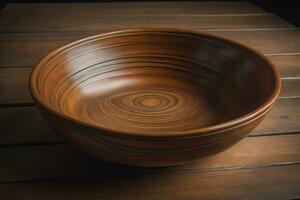 Empty wooden bowl on wooden background. Top view. Copy space. ai generative photo