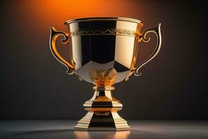 Golden trophy cup on wooden table. Award concept. ai generative photo