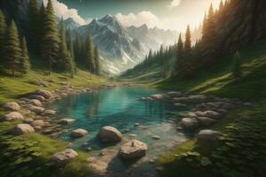 Beautiful fantasy landscape with a river in the mountains. ai generative photo